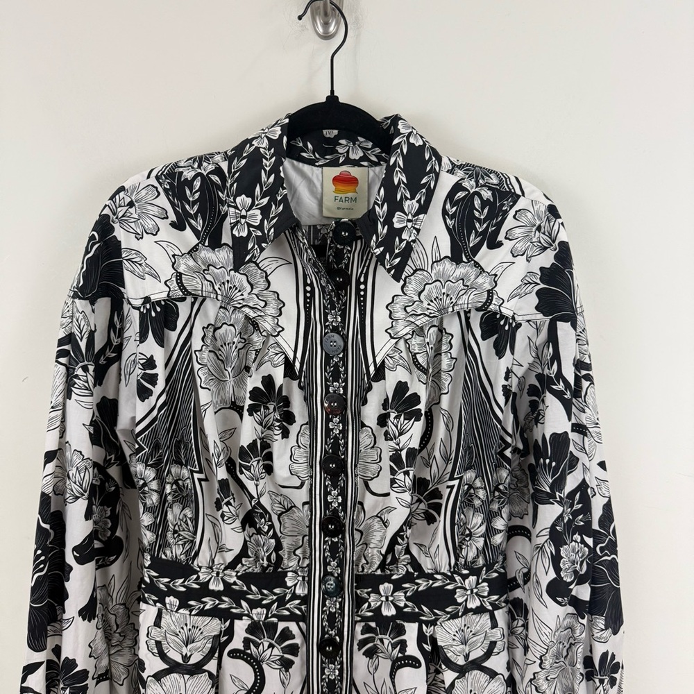 NWT FARM Rio Black and White Floral Midi Shirt Dress - Picture 4 of 15